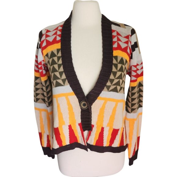 Sparrow Anthropologie Southwestern Geometric Retro Cardigan Sweater M Linen Lamb - Picture 2 of 11